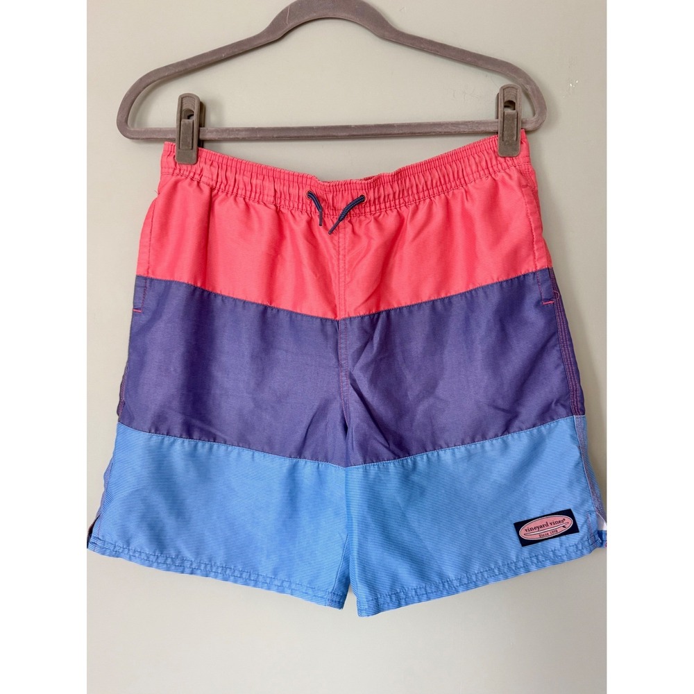Vineyard Vines Chappy Swim Trunks Bathing Suit Blue Pink Stripes Boys' Large/16